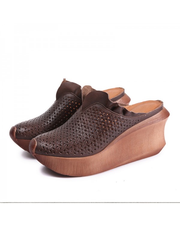 Manufacturer's Genuine Leather Casual Ethnic Style Cool Slippers, Retro Hollowed Out Sponge Cake Slope Heel Slippers, Handmade Women's Shoes, Popular Wholesale
