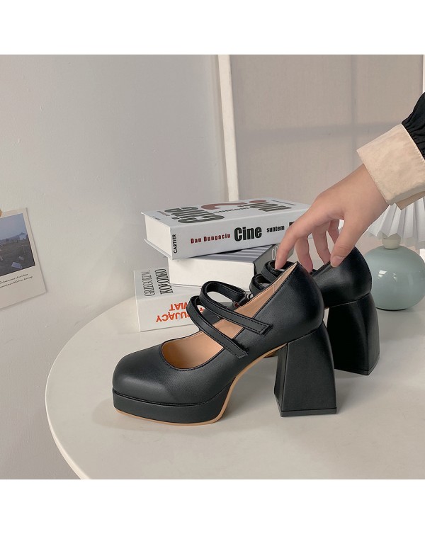 One Line High Heeled Single Shoe 2023 Spring New Korean Version Versatile Thick Heeled Square Toe French Retro Mary Jane Shoe Trend