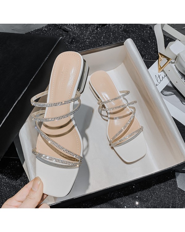 Netizen Water Diamond Cool Slippers For Women Outwear 2023 New Summer Wear Fashion Flat Bottom Thick Heels Large Women's Shoes 41-43