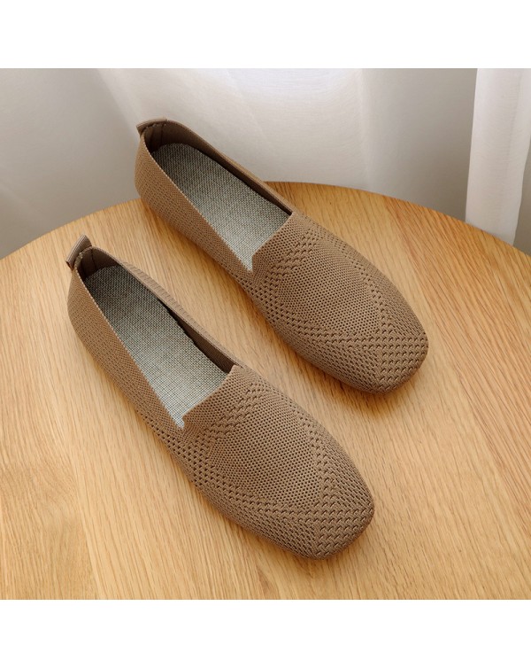 Large Knitted Single Shoes For Women's Spring And Autumn 2022 New Flying Weaving Flat Bottom Square Head Cloth Shoes Knitted Soft Sole Pregnant Women's Grandma's Shoes