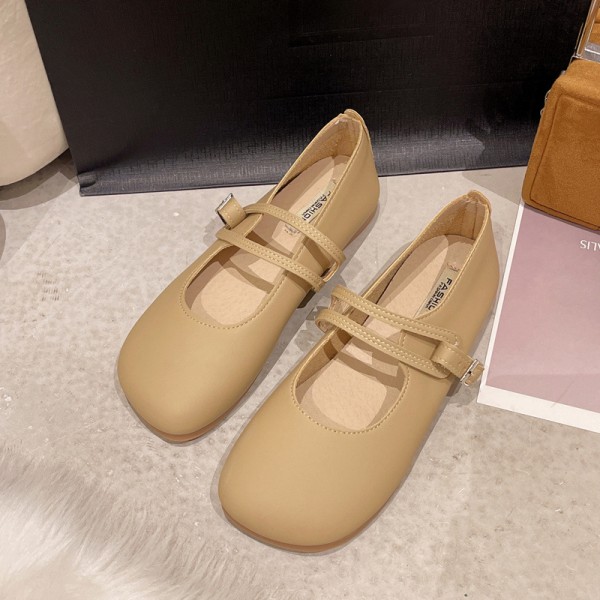 (Zhike) Single Shoe Women's 2022 Summer New Fashion Gentle Square Head Shallow Mouth Belt Buckle Soft Sole Small Leather Shoes