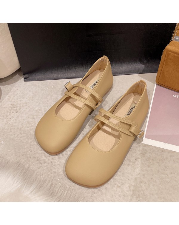 (Zhike) Single Shoe Women's 2022 Summer New Fashion Gentle Square Head Shallow Mouth Belt Buckle Soft Sole Small Leather Shoes