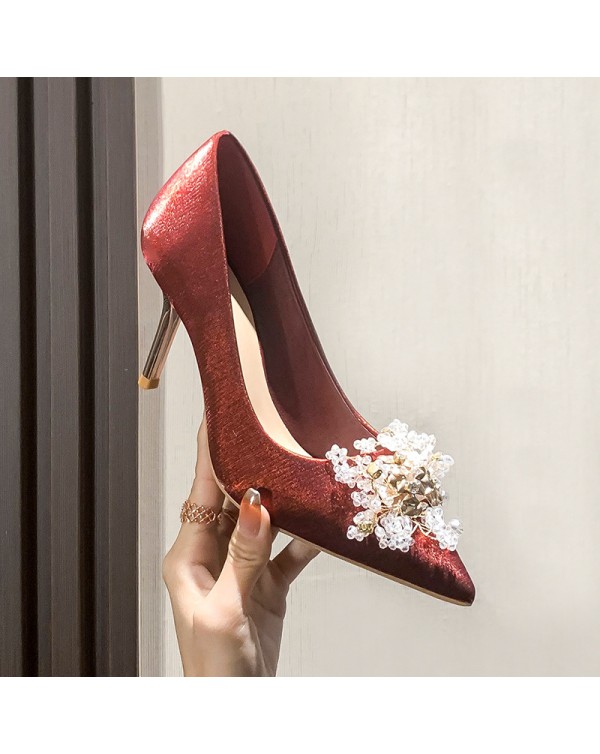 2023 Spring Red High Heels Women's Thin Heels Wedding Shoes Pearl High Sense Bridesmaid Pointed Women's Fashion Shoes