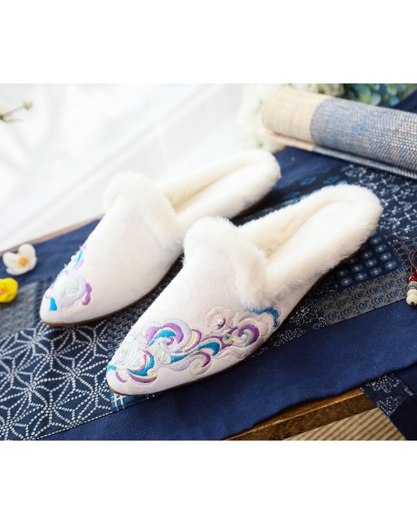 Slippers, Single Slippers/cotton Slippers, Pointed And Fashionable Chinese Style Retro Embroidered Fabric Women's Shoes