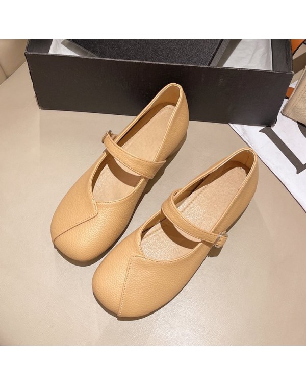 (Zhike) True Soft Leather Mary Jane Single Shoes Women's Spring/Summer 2023 New Flat Bottom Shallow Mouth Ladle Shoes Bean Shoes