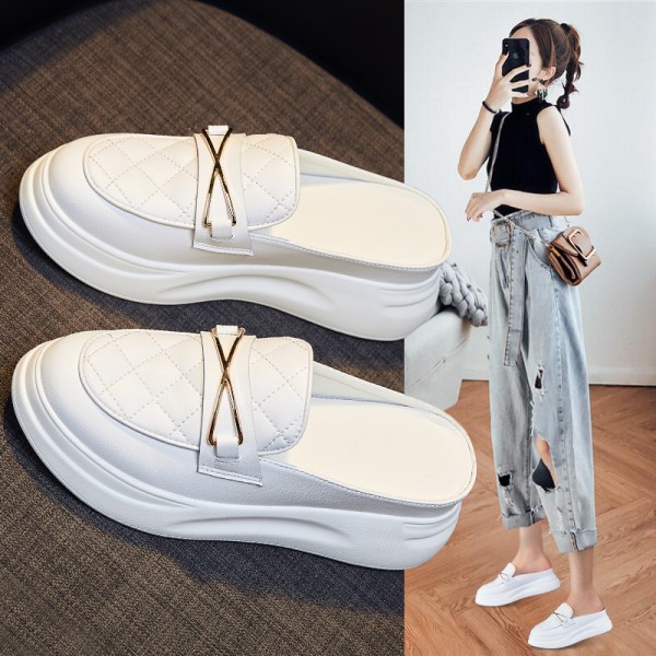2023 Summer New Genuine Leather Thick Sole Elevated Half Slippers For Lazy Women, One Step Sandals For Women's Casual Lefu Shoes