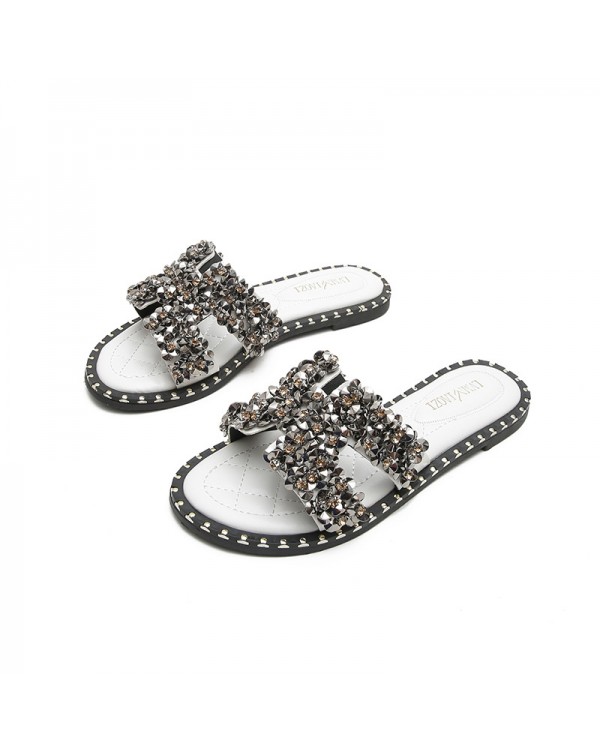 Classic Rhinestone Slippers For Women's Outerwear 2023 New Ins Trend Summer Sandals Fashion Large Size 41-43