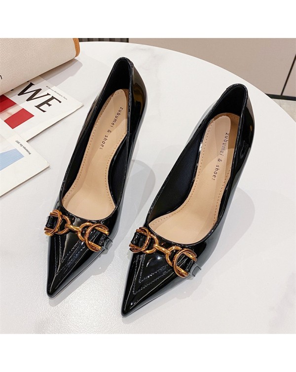 966-6 Korean Version Of Horseshoe Buckle Single Shoes For Women's Temperament, Pointed Toe Thin Heels, Large Heels, Shallow Cut Patent Leather Professional Women's Shoes