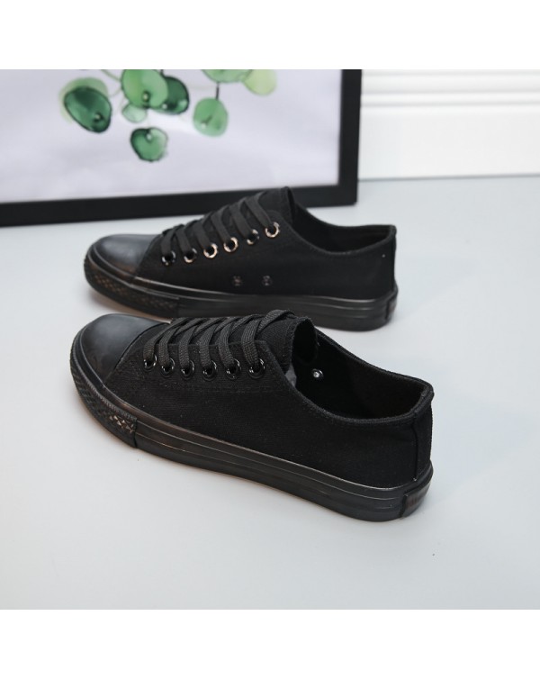 Spring And Autumn All Black Canvas Shoes Low Top Student Men's Shoes Lace Up Pure Black Work Shoes Flat Bottom Couple Casual Women's Shoes