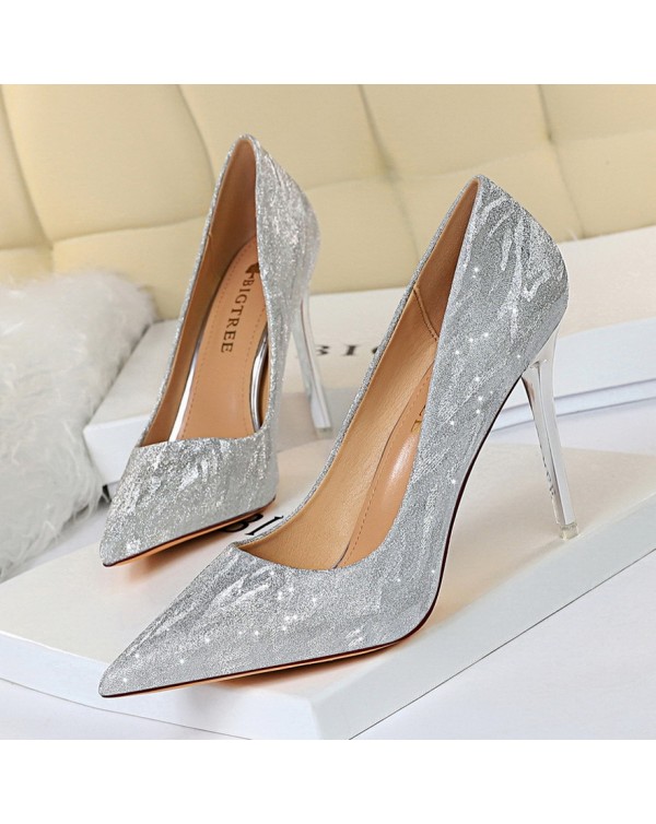1829-1 European And American High Heels, Women's Shoes, Thin Heels, High Heels, Shallow Mouth, Pointed Sequins, Sexy And Slimming Nightclub Single Shoes, Wedding Shoes