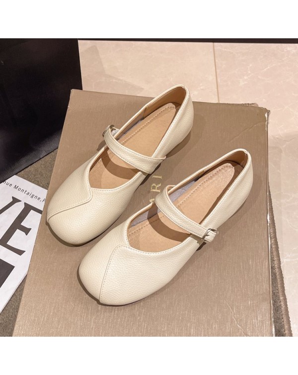 (Zhike) True Soft Leather Mary Jane Single Shoes Women's Spring/Summer 2023 New Flat Bottom Shallow Mouth Ladle Shoes Bean Shoes