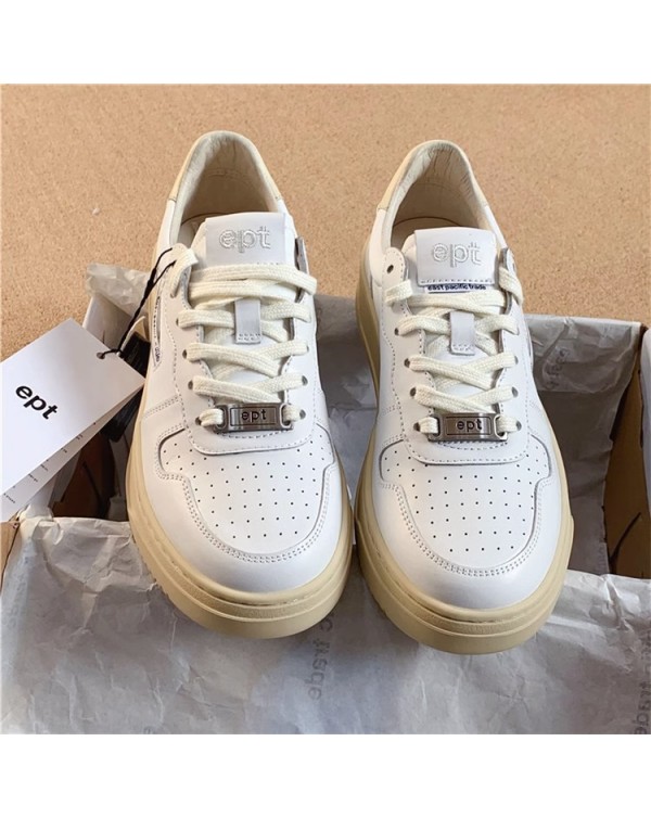 Cowhide Version~Korean EPT Shoes With Thick Soles And High Height Small White Shoes For Women's Casual And Versatile Leather Retro Sports Board Shoes